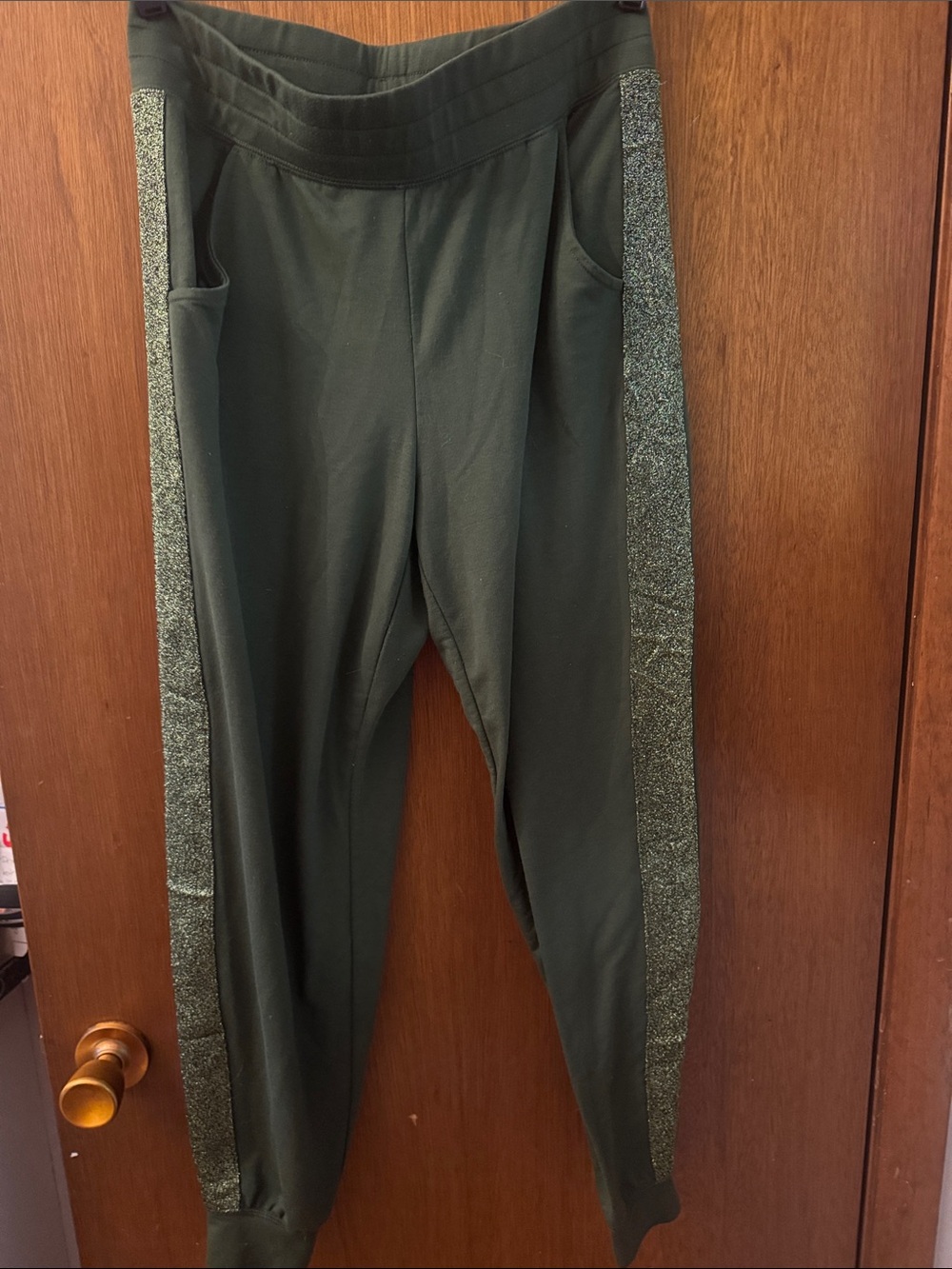 Quacker Factory Olive Green Joggers with Sparkle Side Panels